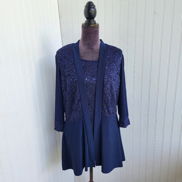 R&M Richards Tops - R&M Richards Women's Navy Blue Top  Sparkle Elegant Stretch 3/4 Sleeve Sz 14W